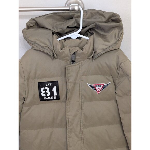 Guess Mid-Length Puffer Jacket Down Hooded Boys Sz 8 Patches Spellout - Picture 2 of 16